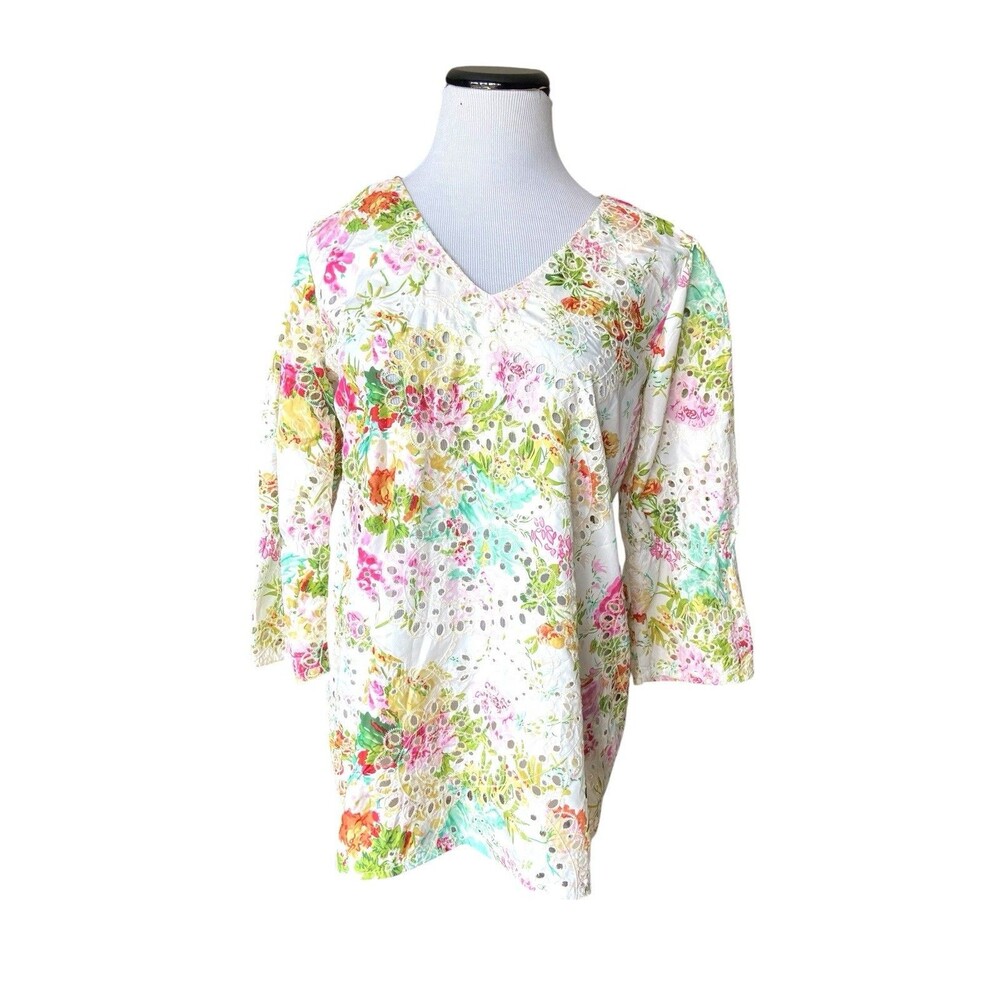 Womens Cottagecore Floral Eyelet Broderie Anglaise‎ Tunic Blouse Size S Romantic